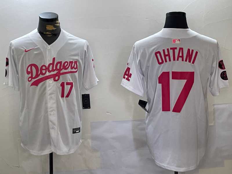 Mens Los Angeles Dodgers #17 Shohei Ohtani Number White Pink Limited Cool Base Stitched Jerseys